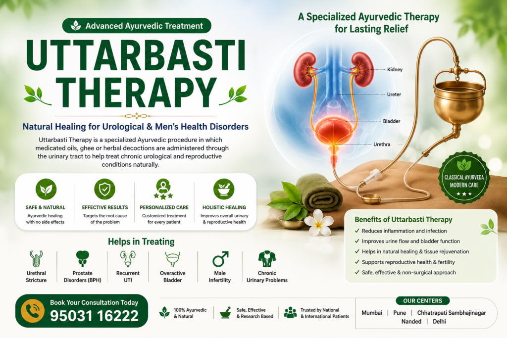 Uttarbasti Therapy poster showing Ayurvedic treatment for urethral stricture, prostate disorders, recurrent UTI, overactive bladder, male infertility, and chronic urinary problems.